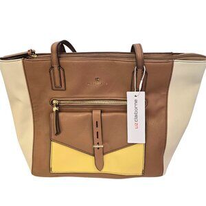 Liz Claiborne Large Tote Bag Faux‎ Leather Brown & Cream With Yellow Accents NWT